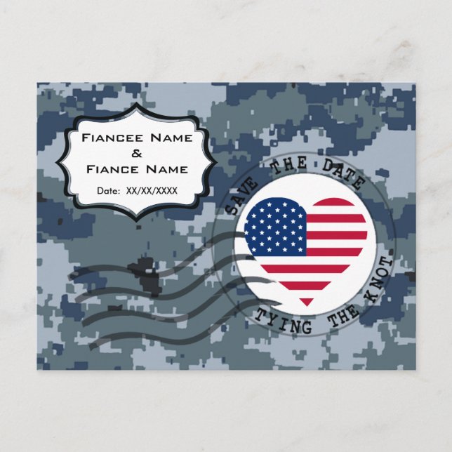 USN Navy Save the Date & Amerikanska hjärtat Meddelande Vykort (Framsida)