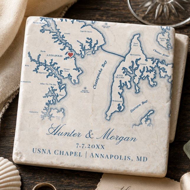 USNA Kapell Bröllopspresent Annapolis MD Karta  Stenunderlägg (USNA Chapel Wedding Favor Keepsake Annapolis Map Stone Coaster in navy blue by Coastal Map Designs)