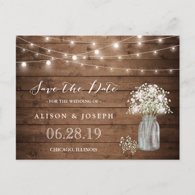 (USPS) Baby's Breath Sladdljus Save the Date Meddelande Vykort (Framsida)