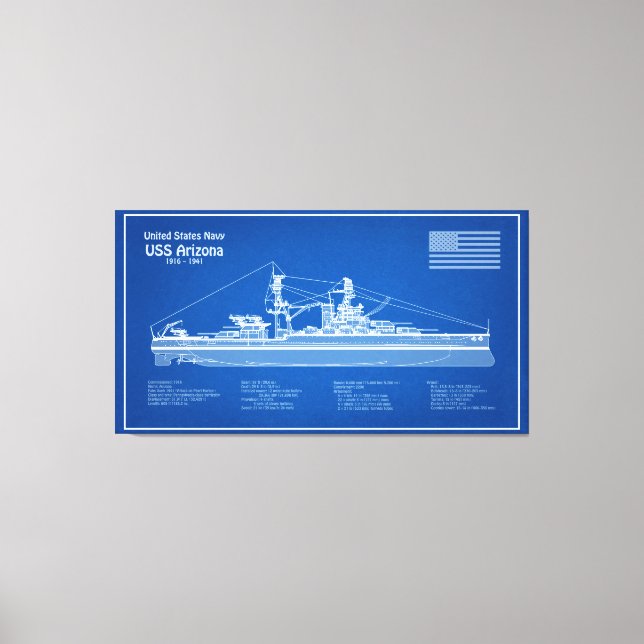 USS Arizona - Frakt Blueprint Plans ABD Canvastryck (Framsida)