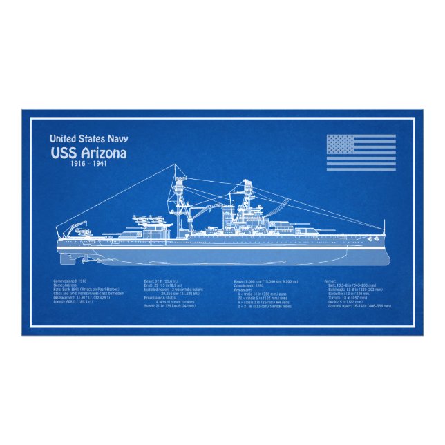 USS Arizona - Frakt Blueprint Plans ABD Fototryck (Framsidan)