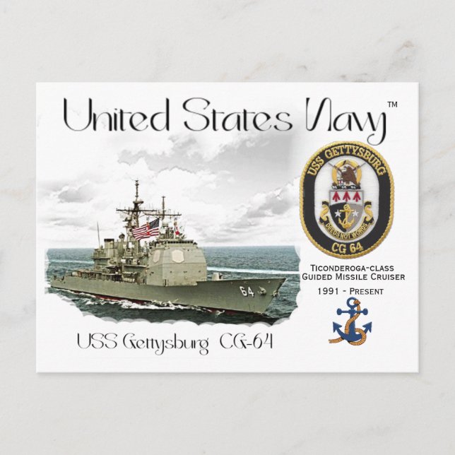 USS GETTYSBURG CG-64 GUIDED MISSILE CRUISER VYKORT (Framsida)