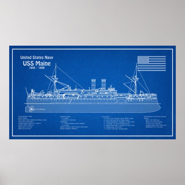 USS Maine - Frakt Blueprint Plans ABD Poster (Framsidan)