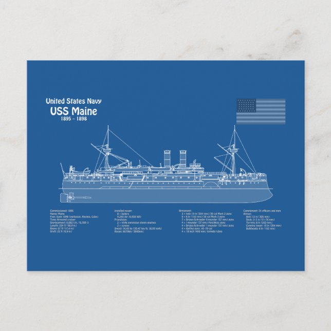 USS Maine - Frakt Blueprint Plans ABD Vykort (Framsida)
