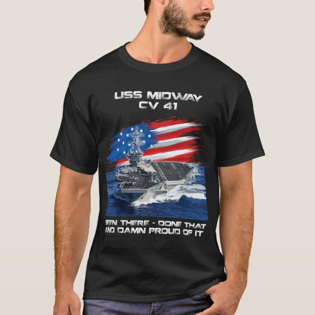 USS Midway CV 41 Luftfartyg Veteran USA flagga T Shirt (Framsida)
