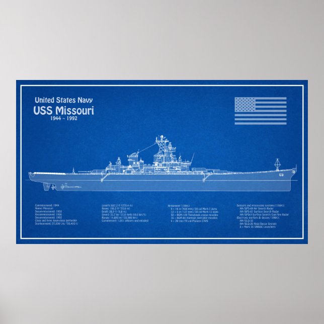 USS Missouri - Frakt Blueprint Plans ABD Poster (Framsidan)