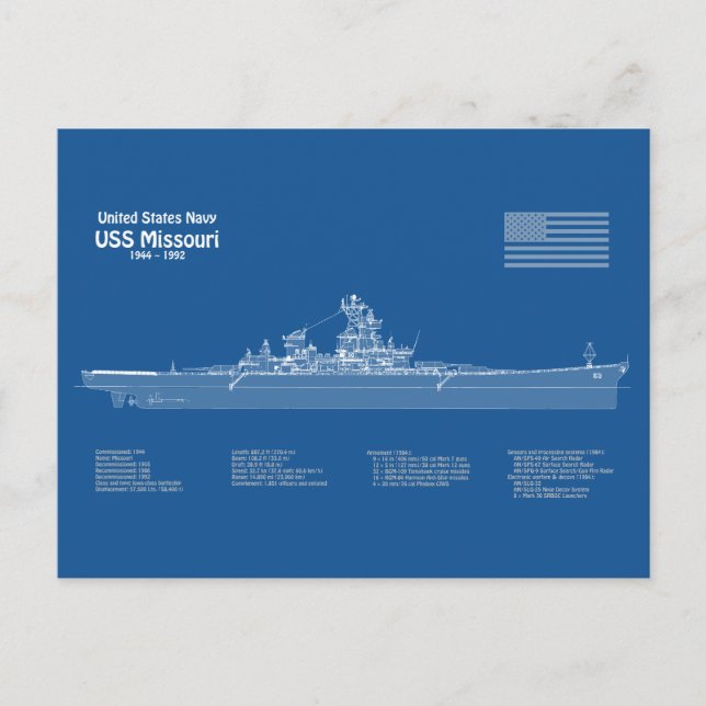 USS Missouri - Frakt Blueprint Plans ABD Vykort (Framsida)