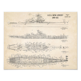 USS New jersey-blåkopia Fototryck