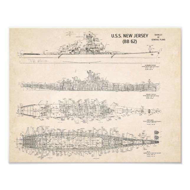 USS New jersey-blåkopia Fototryck (Framsidan)