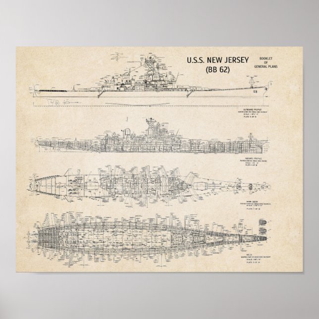 USS NEW JERSEY-blåkopia Poster (Framsidan)