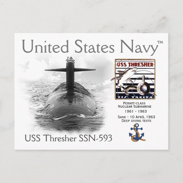 USS THRESHER SSN-593 SUBMARINE POSTCARD VYKORT (Framsida)