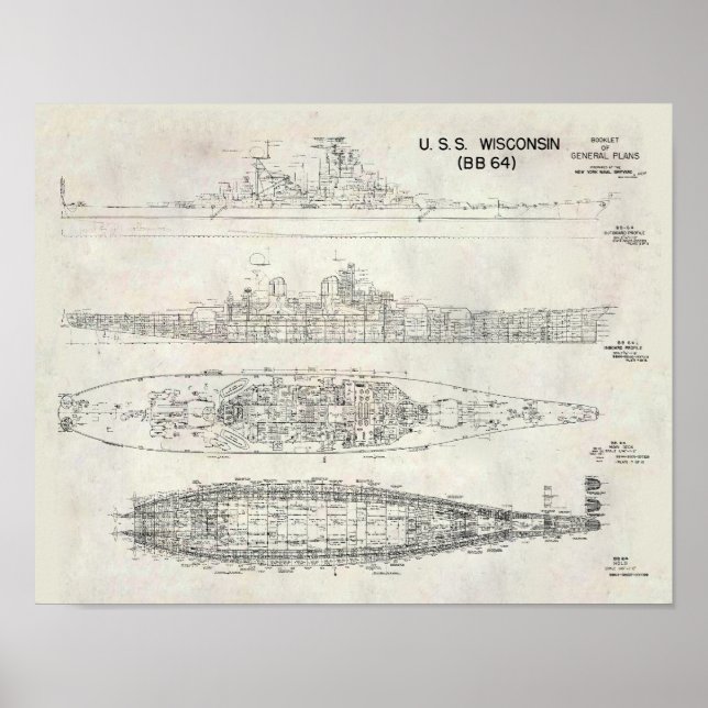 USS Wisconsin Blueprint Poster (Framsidan)