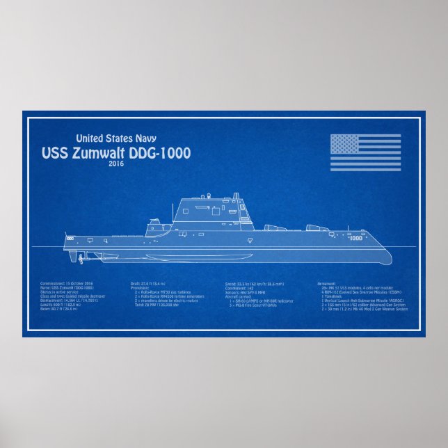 USS Zumwalt - Frakt Blueprint Plans ABD Poster (Framsidan)