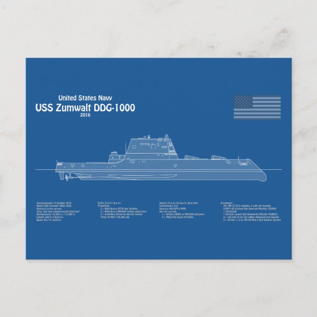 USS Zumwalt - Frakt Blueprint Plans ABD Vykort (Framsida)