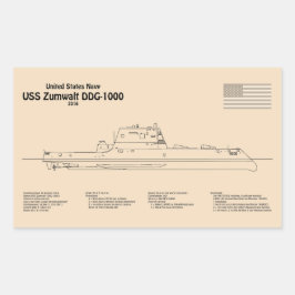 USS Zumwalt - Skeppsritningar SD Rektangulärt Klistermärke