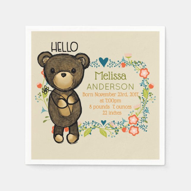 UT Bear, Gult Flower och Blommigt Wandedräkt Födel Pappersservett (Framsidan)