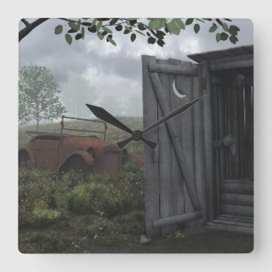 UT TAR TID PÅ HUSET OCH DEN ROSTADE BILEN FYRKANTIG KLOCKA