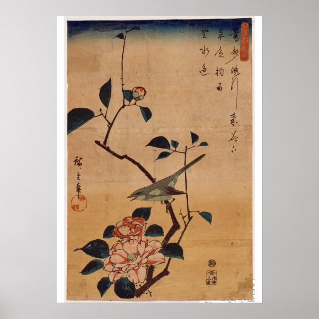 Utagawa Hiroshige, Camellia and Bush Warbler, 1844 Poster (Framsidan)