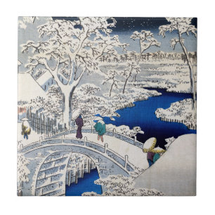 Utagawa Hiroshige - Drum Bridge vid Meguro Kakelplatta