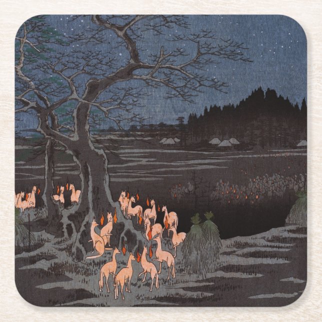 Utagawa Hiroshige - Nyårsafton Foxfire Underlägg Papper Kvadrat (Framsidan)