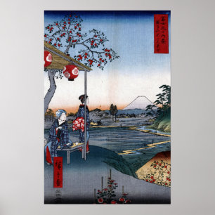 Utagawa Hiroshige teahousen med beskåda av Mt Poster
