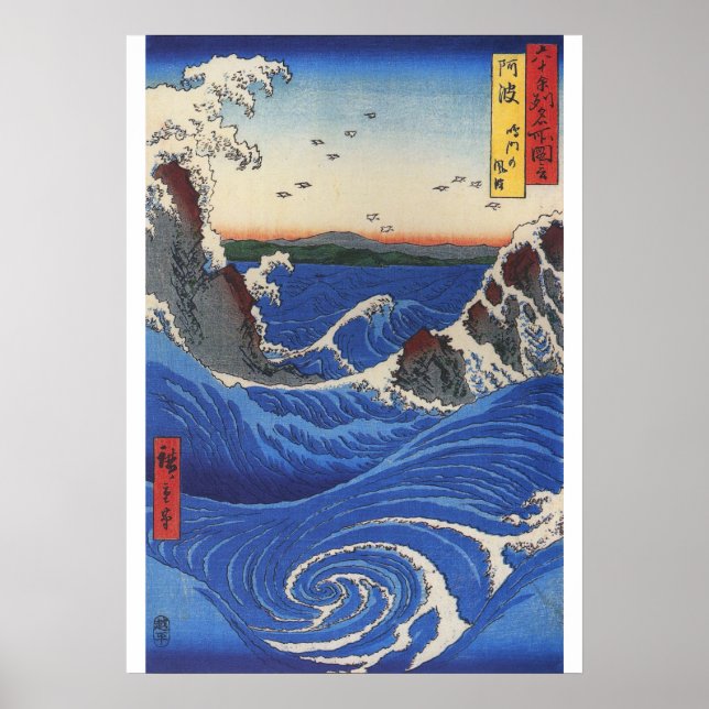 Utagawa Hiroshige, Vild Sea Breaking på Sten Poster (Framsidan)