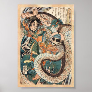 Utagawa Kuniyoshi suikoden hjälte som bekämpar orm Poster