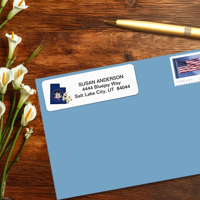 Utah Flagga med State Flower Sego Lily Anpassnings Returadress Etikett (Skapare uppladdad)