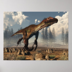 Utahraptor dinosaur i öknen - 3D-rendering Poster