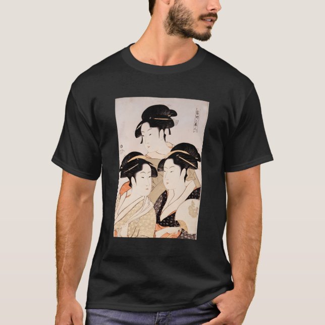 Utamaro Ukiyoe Japansk Three Bijin T Shirt (Framsida)