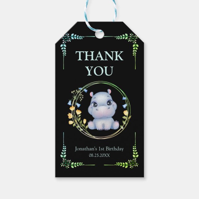 Utandning av blomma Hippo Birthday Tack Black Presentetikett (Framsidan)