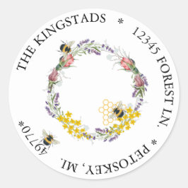 Utandning av blommor och bin runt klistermärke