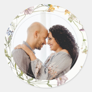 Utandning av Cute Rustic Meadow Blommigt Foto Bröl Runt Klistermärke