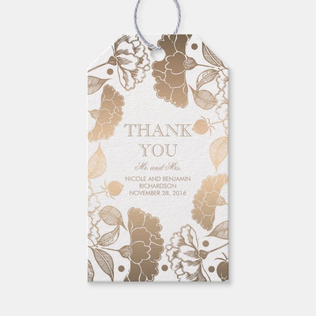 Utandning av guld och vit Blommigt - Peonies Bröll Presentetikett (Framsidan)