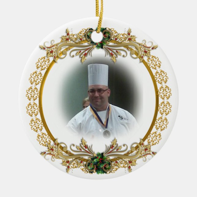 Utandning av julkran guld Fotoornament. Julgransprydnad Keramik (Framsidan)