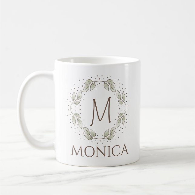 Utandning av läder med Monogram och Namn Kaffemugg (Vänster)