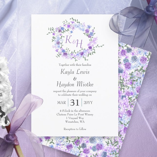 Utandning av lila och lätt blått Ro Bröllop Inbjudningar (Purple, light blue, lavender rose wreath botanical rose garden wedding invitations, round roses vine)