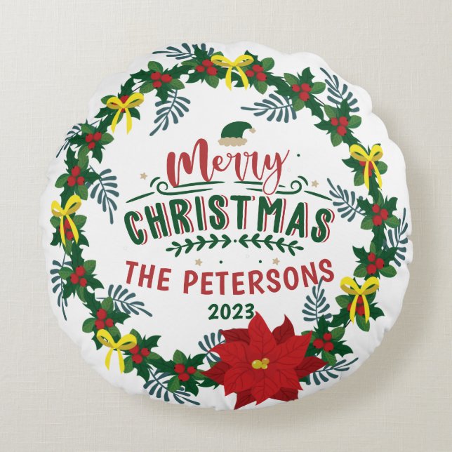 Utandning av ljus Red Poinsettia-julfamiljen Rund Kudde (Framsidan)