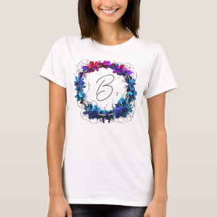 Utandning av Monogram Blue Red Rosa Blommigt T Shirt