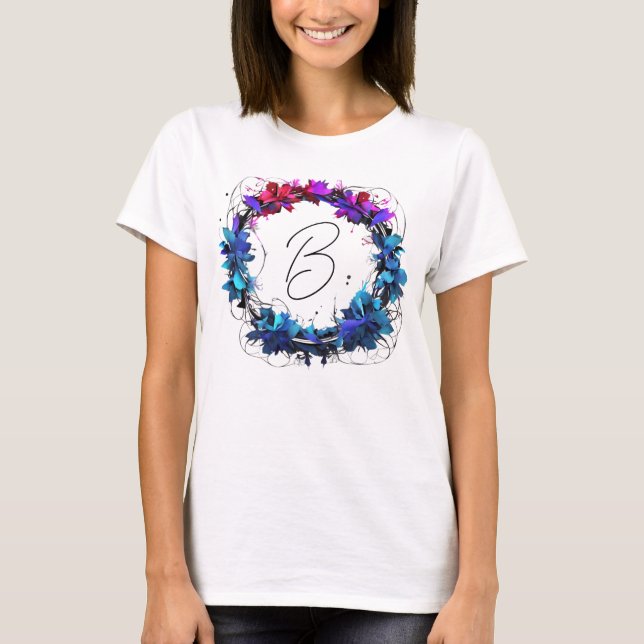 Utandning av Monogram Blue Red Rosa Blommigt  T Shirt (Framsida)