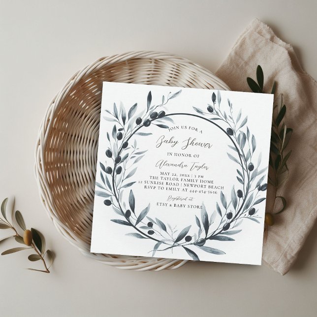 Utandning av Olive Gren Kön Neutral babystövel Inbjudningar (olive branch gender neutral baby shower invitation wreath watercolor modern minimalist elegant)