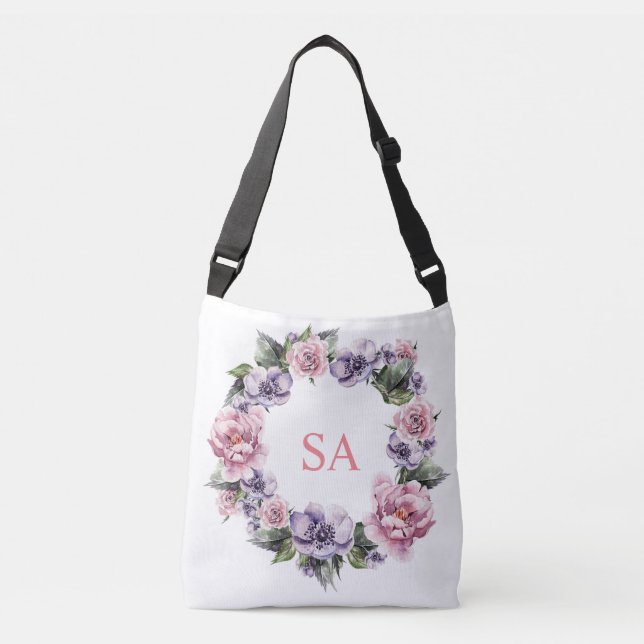 Utandning av Rosa Lila Flower Monogrammed Tote Bag Axelväska (Framsida)