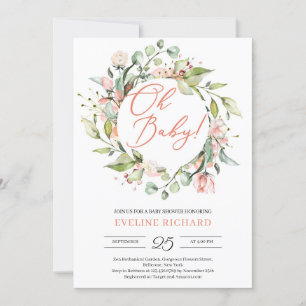 Utandning av rosa och  blommigt Oj baby Inbjudningar