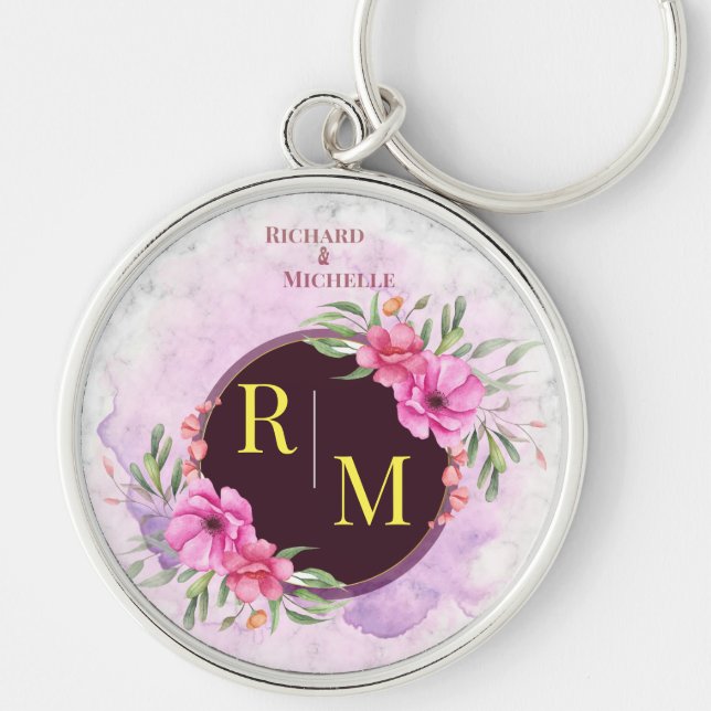 Utandning Blommigt Initial Brev Monogram Namn Marb Rund Silverfärgad Nyckelring (Framsidan)