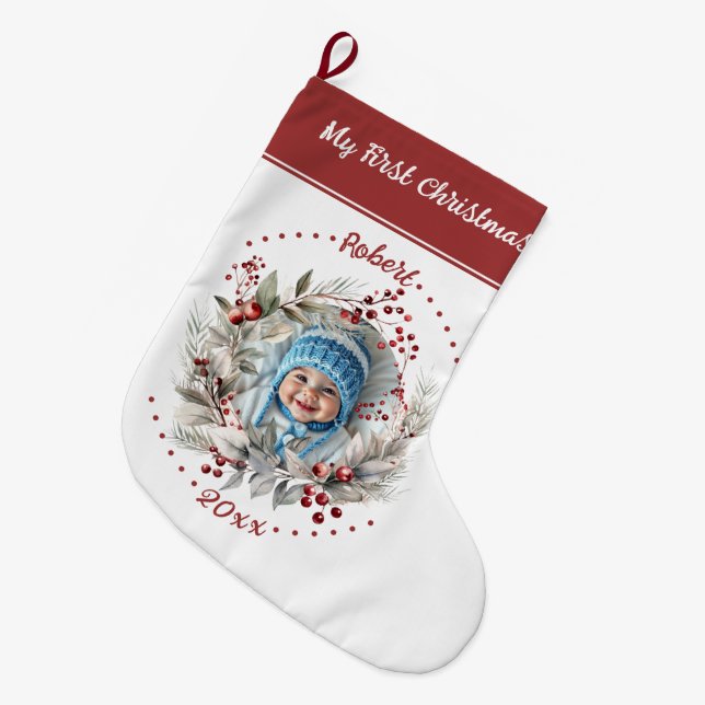 Utandning med grönt Baby Första julfoto Stor Julstrumpa (Framsidan (Hängande))