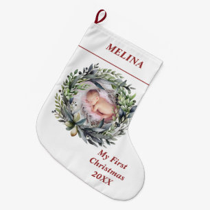 Utandning med grönt Baby Första julfoto Stor Julstrumpa
