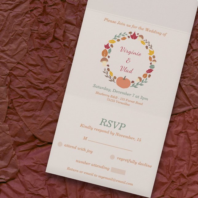 Utandning och fall OSA Bröllop alla i en inbjudan (Wreath & Fall RSVP Wedding All In One Invitation)