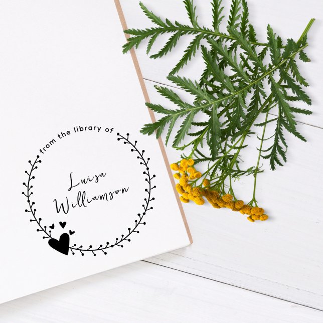 Utandning och hjärter Anpassningsbarna Bok Självfärgande Stämpel (Cute Botanical Wreath and Hearts Girly Custom Book Self-inking Stamp)