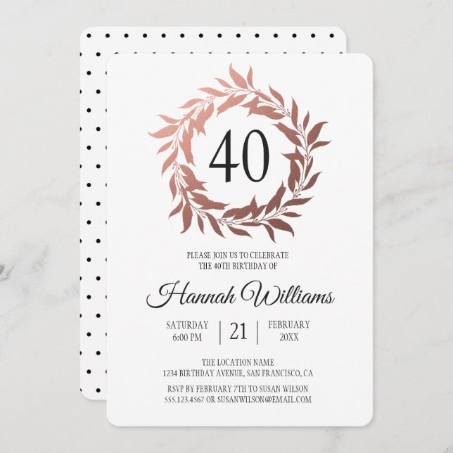 Utandning vid ro Guld 40:e födelsedag Party Inbjudningar (Fram/baksida)