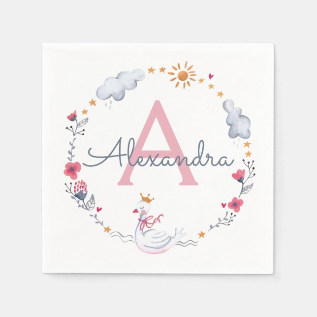 Utandning vid rosa svan & sol blommigt med monogra pappersservett (Framsidan)